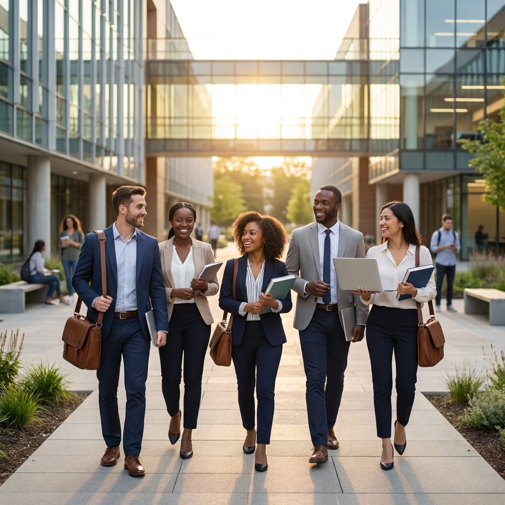 Estudiantes de posgrado en campus universitario